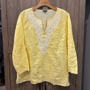 Talbots XLP Linen Top 3/4 Sleeves Embroidered beaded Yellow White
